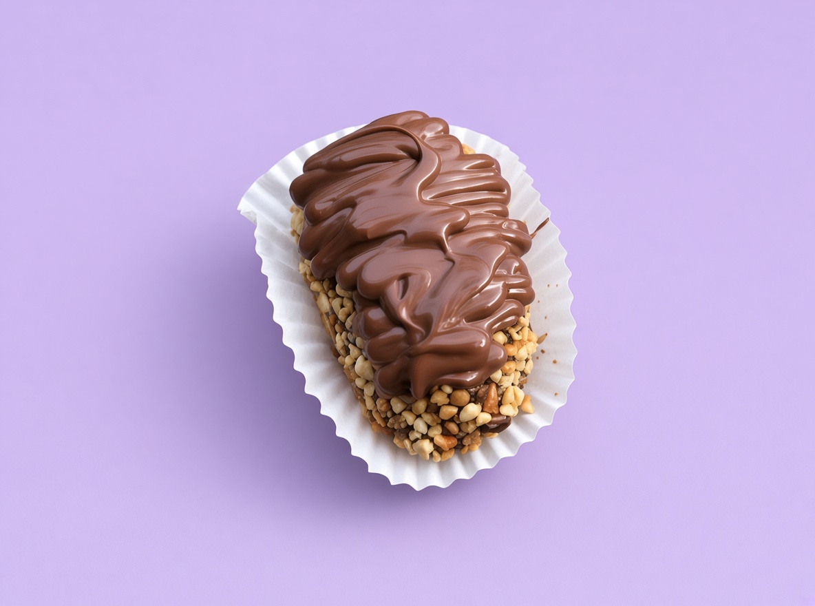 Coxinha de morango coberta com brigadeiro e crocante de castanhas